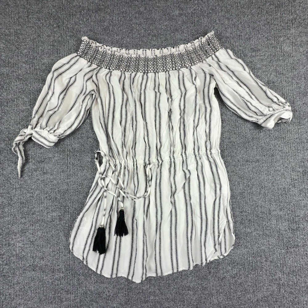 Blue Island Blouse Womens Medium White Black Stripe Off Shoulder Tassel‎ Tunic